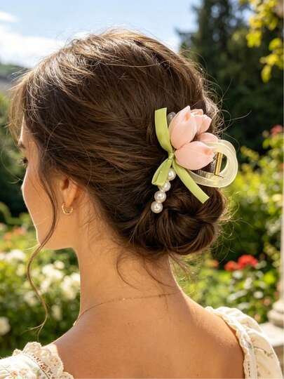 1pc New Fashion Tulip Flower Hair Claw Clip, Premium Half-Up Hair Clip, Back Of Head Bun Hair Claw, Versatile Hair Accessory For Beach Vacation And Travel