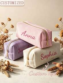 Personalized Name Corduroy Pencil Case, Custom Name Stripe Makeup Bag, Large Capacity Zipper Pen Pouch For Student School Supplies, Customized Birthday Gift For Girls - Multicolor - View 1