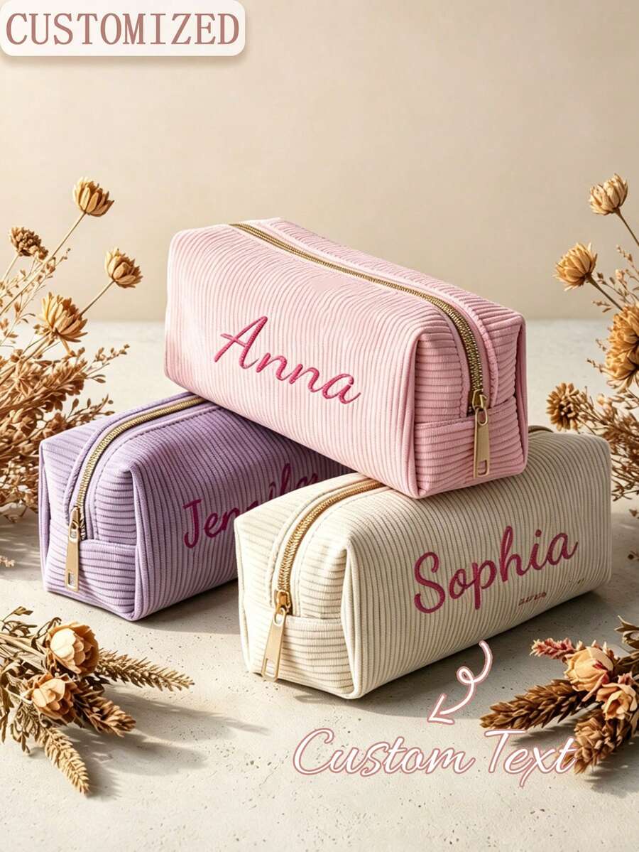Personalized Name Corduroy Pencil Case, Custom Name Stripe Makeup Bag, Large Capacity Zipper Pen Pouch For Student School Supplies, Customized Birthday Gift For Girls - Multicolor - View 1