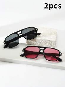 2pcs Men's PC Material Classic Square Double Bridge Large Frame Minimalist Personalized Fashion Glasses, Suitable For Party, Casual, Vacation, Travel, Beach, Daily Wear - 2-piece Combo Pack (Black Black Ten Black Red) - View 2