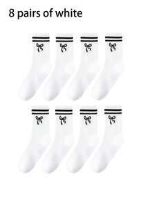 6/8/10/20 Pairs Neutral Classic Bow Pattern Breathable Moisture-Wicking Mid-Calf Socks, Soft Casual Sports Socks, Suitable For Daily Wear - Multicolor - View 6