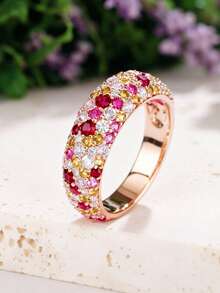 Anillo chapado en oro rosa de cobre con circonita incrustada, anillo de dedo de diseño de nicho de lujo apilable, anillo de dedo con alto índice de retención de color - Dorado - Ver 3
