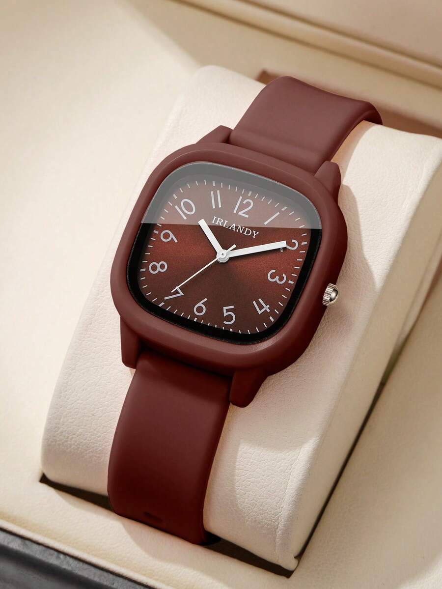 Jam Tangan Quartz Klasik Digital Persegi Minimalis dengan Tali Silikon untuk Wanita (1 buah/Set) Kotak Jam Tangan Tidak Termasuk - Coklat - View 1