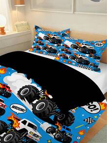 2/3pcs Blue Monster Truck Print Duvet Cover Set, Cartoon Children Style Polyester Bedding, Flame Racing Car Full Print, Suitable For Boys Bedroom Birthday Gift, All Seasons - Multicolor - View 3