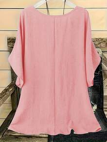 Ropa de mujer de talla grande para primavera/verano,  casual de moda de manga corta con cuello redondo, botones y color liso - Rosa - Ver 3