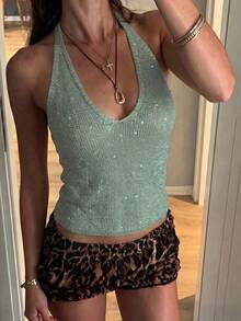 Justmasa 女款夏季休閒上衣，Y2K 素色性感亮片露背無袖掛脖深V針織上衣，適合日常出遊、休閒派對、度假、旅行、情侶約會 - 淺綠色 - 查看 5