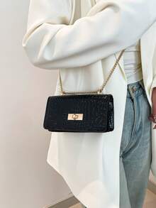 1pc Women's Stylish Patent Leather Glossy Chain Strap Bag, Fashionable Textured Stone Pattern Casual Shoulder Crossbody Small Square Bag - Black - View 3