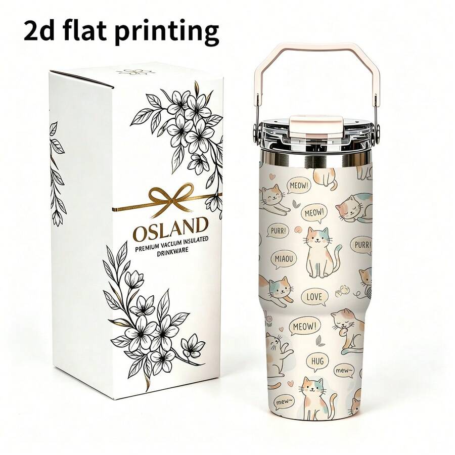 1/5pcs 30oz Large Capacity Stainless Steel Insulated Tumbler, Minimalist Line Art Cat Conversation Bubble Pattern, Comfortable Folding Handle, One-Piece Leak-Proof Flip Lid, All-Day Insulation, Suitable For Office, Picnic And Sports Gift - Kitten - View 1