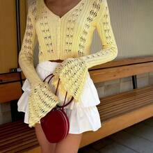 New For 2025: Women's Openwork Cardigan, Long-Sleeved, V-Neck, Solid Color; Short Knit Top In A Solid Color - Yellow - View 2