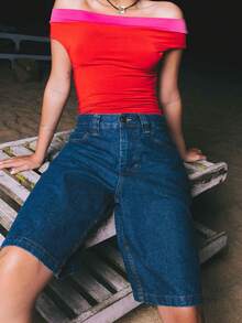 Women's Knee Length Denim Shorts Loose Solid Color Low Rise Wide Leg Long Shorts With Pockets For Summer - Azul oscuro - Ver 3