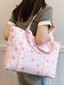 1pc Casual Cute Bow Decor Shoulder Handbag, Lightweight Magnetic Closure Tote Bag, With Tag Decoration, Suitable For Women/Girls/College Students/Ladies For Daily Use, Vacation, Travel And School, Adorable Bow Handbag For Women - Pink - View 7