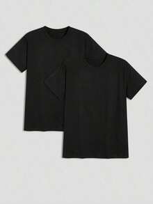 Men's Plain Short-Sleeved Crew Neck Shirt, Gift For Boyfriend, For Work - 黑色 - 查看 1