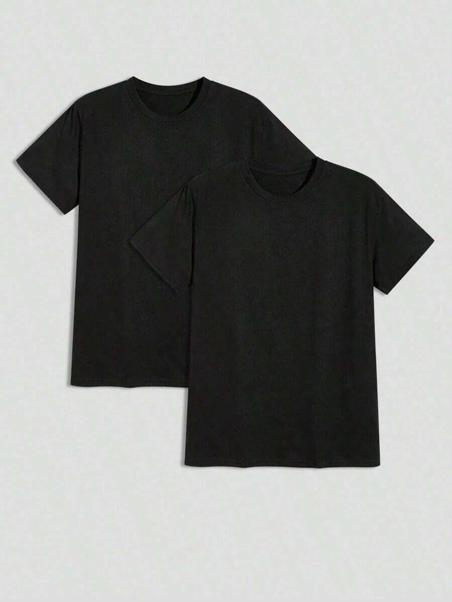 Men's Plain Short-Sleeved Crew Neck Shirt, Gift For Boyfriend, For Work - 黑色 - 查看 1