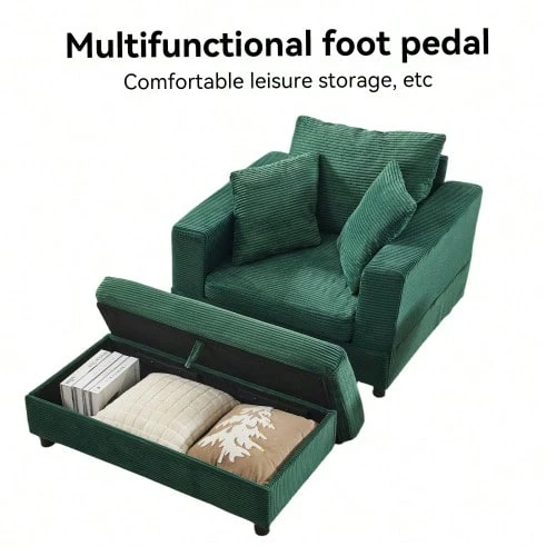 Chaise Longue With Footrest And Storage Space, Lounge Sofa With 3 Cushions For Living Room And Bedroom - Emerald - 查看 1