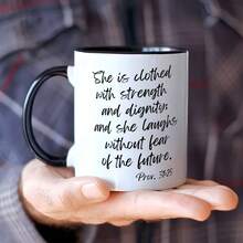 11-Ounce Christian Bible Verse Coffee Mug With Proverbs 31:25 - Elegant Black Lettering On A White Cup, Dishwasher-, A Scripture Gift Suitable For Church Events, Daily Use, Bible Study, Thanksgiving, And Christmas (Reusable) - Black - View 5