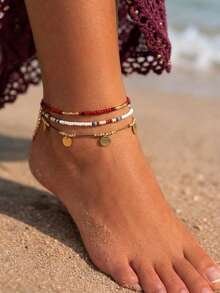 3 piezas Tobilleras de estilo bohemio con colgante de cuentas de semilla de colores apilables y multicapa, joyería de pie minimalista de moda personalizada con cuentas (color de cuentas aleatorio) - Multicolor - Ver 2
