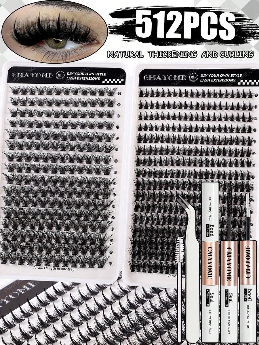 544/512/384片 DIY 個別式假睫毛簇，多款式，適合初學者，濃密蓬鬆假睫毛接長，放大眼睛，持久濃密假睫毛，分段式睫毛，適合日常、婚禮、戶外、旅行、派對和節日