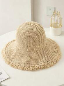 1 buah Topi Jerami Wanita, Topi Matahari Bertepi Lebar untuk Liburan Pantai/Panas, Gaya Bohemian - Krem - View 5