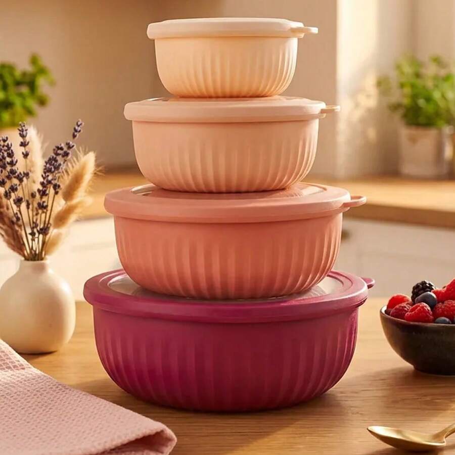 4 Pack Nested Round Plastic Food Storage Bowls With Lids, Assorted Sizes Black/Blue/Red TPE+PP - Red - View 1