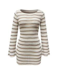 Women's Spring/Summer Striped Color Block Sexy Beach Vacation Slimming Knit Hollow Out Sheer Backless Design Long Sleeve Cover-Up Short Dress - Multicolor - View 6
