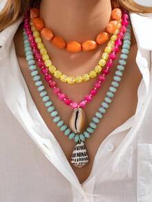 1pc Tropical Layered Resin Bead Necklace For Women, Colorful Beaded Necklace With Conch Shell Pendant, Beach Vacation Wear - Multicolor - View 15