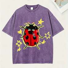 Washed Purpule Unisex Tee, Star & Ladybug Print, Vintage Distressed Style, Premium Fabric, Summer Graphic Top, Ideal For Daily Wear & Holiday Gifts - 紫色 - 查看 15