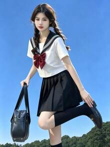 1件日系清新甜美校園風黑色領口白色水手服JK制服套裝 秋季 - 黑色 - 查看 5