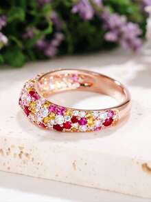 Anillo chapado en oro rosa de cobre con circonita incrustada, anillo de dedo de diseño de nicho de lujo apilable, anillo de dedo con alto índice de retención de color - Dorado - Ver 5