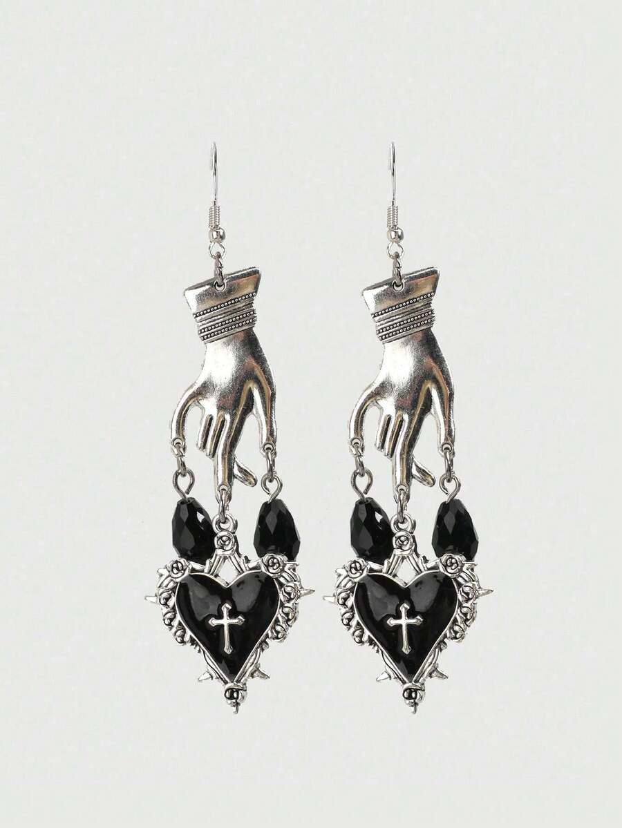 European And American Popular Gothic Thorn Heart Hand-Holding Earrings, Hot Girl Street Style Exaggerated Personalized Earrings - Silver - View 1