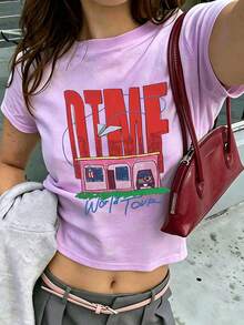 夏季新款圓領 DTMF 圖案修身正肩 T-shirt，度假旅行海灘穿搭 - 芋紫色3 - 查看 3