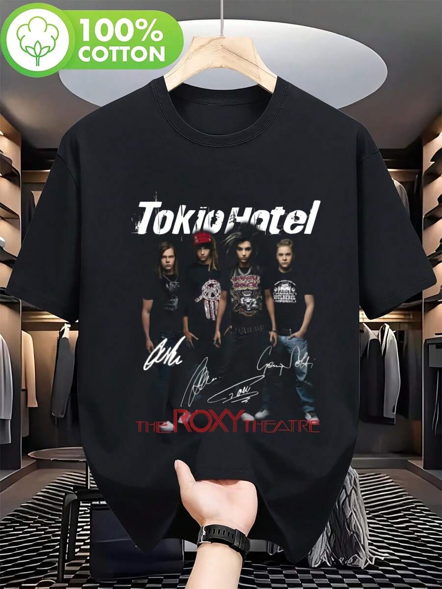 erto en el Hotel Rox Theater con firmas y diseños de logotipos de los miembros de la banda, diseñpara adultos con cuello redondo casual y mangas cortas, lavable aáquina, Avai - Negro - Ver 1