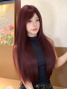 alicegarden 30-Inch Long Synthetic Wig Featuring A Natural Straight Style A Stunning Burgundy. Designed With Bangs, This False Hairpiece Is Perfect For Ms Daily Party Cosplay Use, Offering A Natural And Natural Durable Wig Gift For Ladies. - Burgundy - View 3
