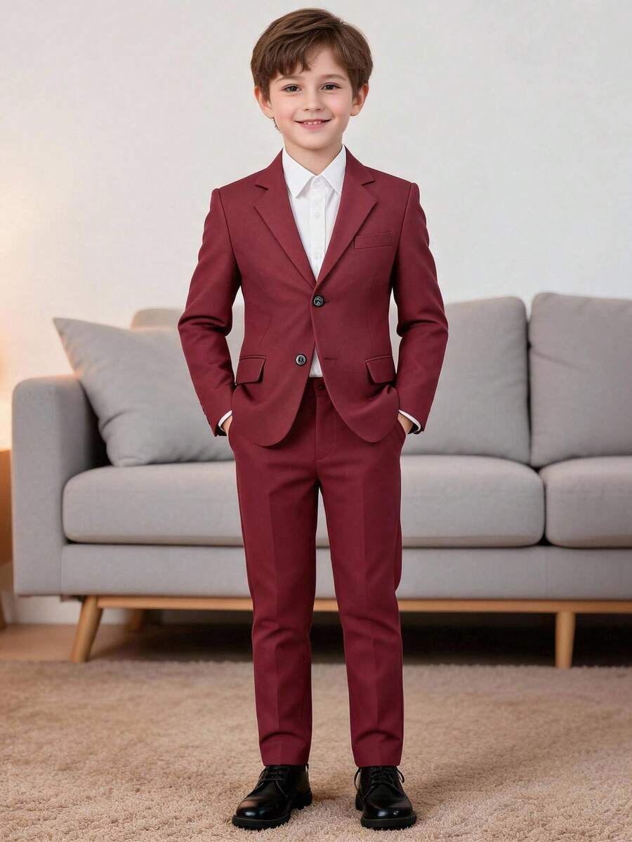 Boys 2-Piece Formal Suit Set, Blazer + Dress Pants, Gentleman Style For Wedding, Birthday, Party, Stage Performance, Multiple Occasions, Burgundy, 4-16 Years Old - Burgundy - View 1
