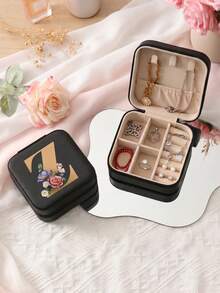 Letter PU Leather Portable Travel Jewelry Storage Box For Women, Stores Necklaces And Rings,Gift Ideas,Suitable For Home Storage And Commuting. - Flowers Letter 2 - View 8