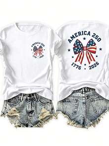 Teen Coquette America 250 Tee, Double Sided Flag Bow Print, 4th Of July Patriotic Top, 250th Anniversary Casual Cotton Short Sleeve T-Shirt - 白色 - 查看 1