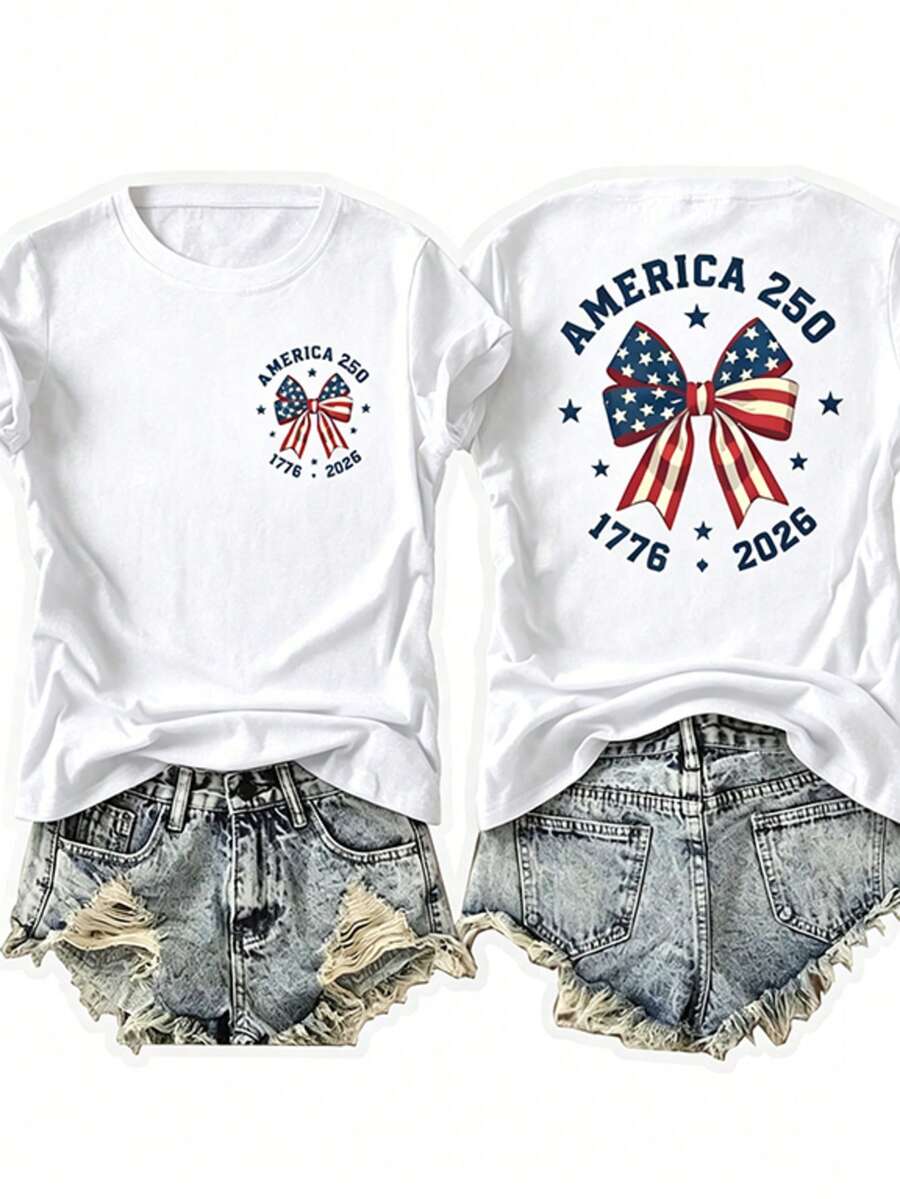 Teen Coquette America 250 Tee, Double Sided Flag Bow Print, 4th Of July Patriotic Top, 250th Anniversary Casual Cotton Short Sleeve T-Shirt - 白色 - 查看 1
