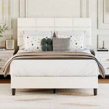 Techigher Upholstered Bed Frame With Adjustable Headboard, Platform Bed With Wooden Slat Support, Heavy Duty Mattress Base With Underbed Storage, Noise-Free No Box Spring Needed - Beige - View 2
