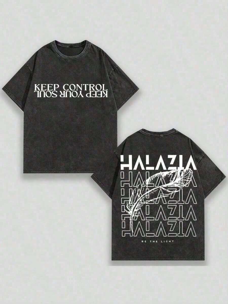 Ropa de hombre; Camisetas de Verano, Camiseta de Algodón con Estampado Gráfico, Camiseta Vintage, Camiseta de Algodón Lavada, Camiseta HALAZIA con Tipografía en Capas, Textura Oscura, Diseño - Negro - Ver 1