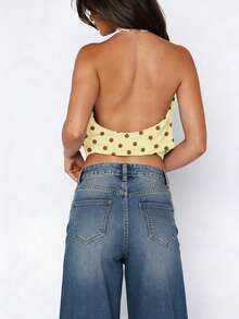 Women Cowl Neck Halter Tops Draped Front Low Cut Backless Tank Top Ruched Open Back Going Out Tops - Yellow - View 4