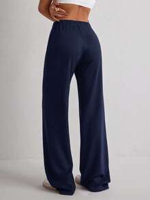 Women's Casual Solid Color Wide Leg Pants - Navy Blue - View 3