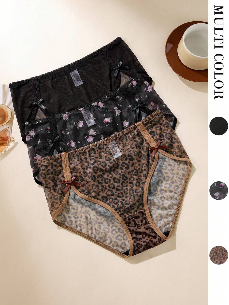 Aofeiqike Women's 3-Pack Mixed Print Mesh Mid-Waist Panties, Leopard Print, Floral & Solid Color Lace Bow Decor Triangle Briefs, Soft Sheer Lingerie - Multicolor - View 1