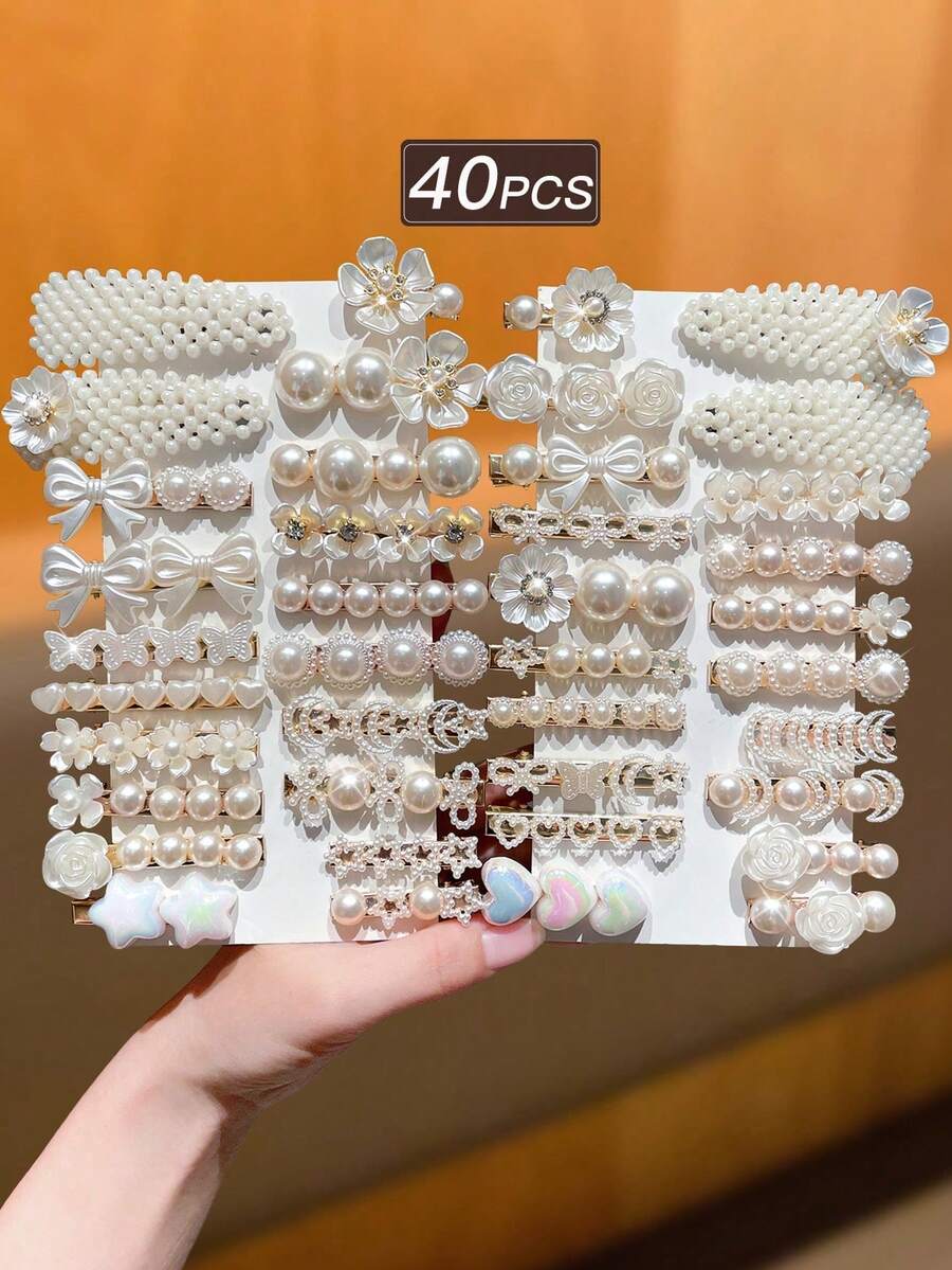 40件/組 女用髮夾,甜美可愛、優雅簡約,閃亮水鑽與仿珍珠髮夾,包含蝴蝶、花朵、星星造型,適合派對、婚禮,送給女性的禮物,髮爪、髮夾 - 彩色 - 查看 1