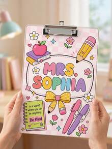 1pc Custom Name Teacher Acrylic Clipboard,Pink Checkered Bow Apple Pencil Decorative Clipboard,Personalized Classroom Office Supply,Teacher Appreciation Gift,Back To School,Desk Accessory,End Of Year Award,Classroom Decor,Personalized Gift - Multicolor - View 6