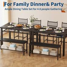 Farmhouse Dining Table Set For 4 With Storage Shelf, 47 Inch Kitchen Table With Bench And 2 Chairs For Small Space, Apartment, Dining Room - Black - View 8