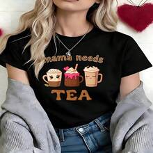 Kawaii Mama Needs Tea Graphic T-Shirt, 100% Cotton Oversized Soft Breathable Casual Crewneck Short Sleeve Top, Cute Coffee Lover Tee For Women And Mom Life Enthusiasts - 黑色 - 查看 18
