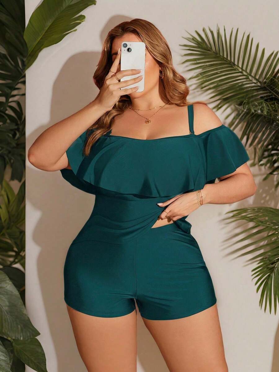 Swim Lushoire Women's Black Ruffled Halter Neck Tankini Top For Summer - Blue-green Water - View 1