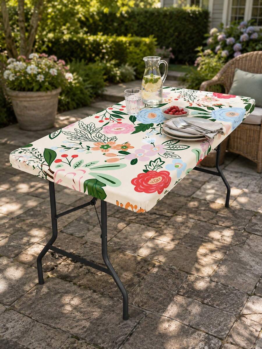 1pc-Tropical Green Palm Leaf Fitted Elastic Tablecloth, Stretch Fabric For Backyard BBQ, Patio Parties And Poolside Dining, Stain-Proof, Easy To Wipe And Reusable For All Summer Outdoor Events. - Multicolor - View 1
