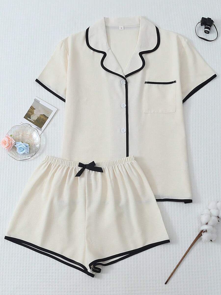 2pcs Plus Size Comfortable Minimalist Fashion Solid Color Short Sleeve Pocket Collar Top And Bow Shorts Women's Pajama Set Loungewear - White - View 1