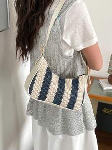 Fashionable Crescent Straw Woven Striped Pattern Handheld Underarm Shoulder Bag For Women - Royal Blue - View 4