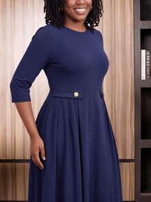 NOU elegantes Damenkleid mit Rundhalsausschnitt, 3/4-Ärmeln, plissiertem Design, A-Linie und taillierter Taille, mittellang, schmeichelhafte Silhouette, geeignet für Büro, Nachmittagstee, Kirche, Lehreroutfit, Kirchenkleidung, Kirchenkleid, Schulanfang, Urlaub, Büro, Alltag, Date, Arbeitsplatz, Geburtstagsparty, Casual, Herbstkleidung, Herbstkleid - Königsblau - Übersicht 10